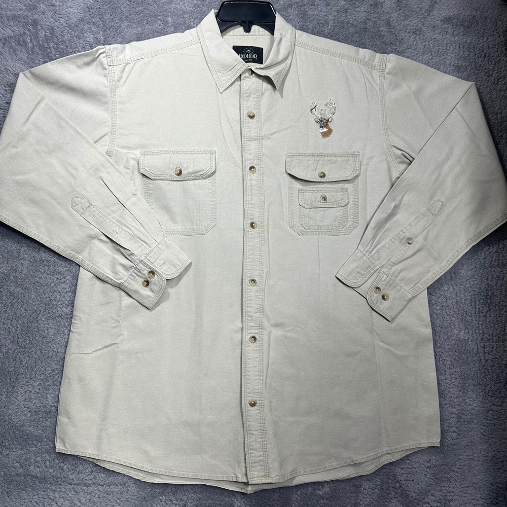RedHead Button Down Shirt Mens XL Tan Cotton Embroidered Deer Buck Hunting Khaki